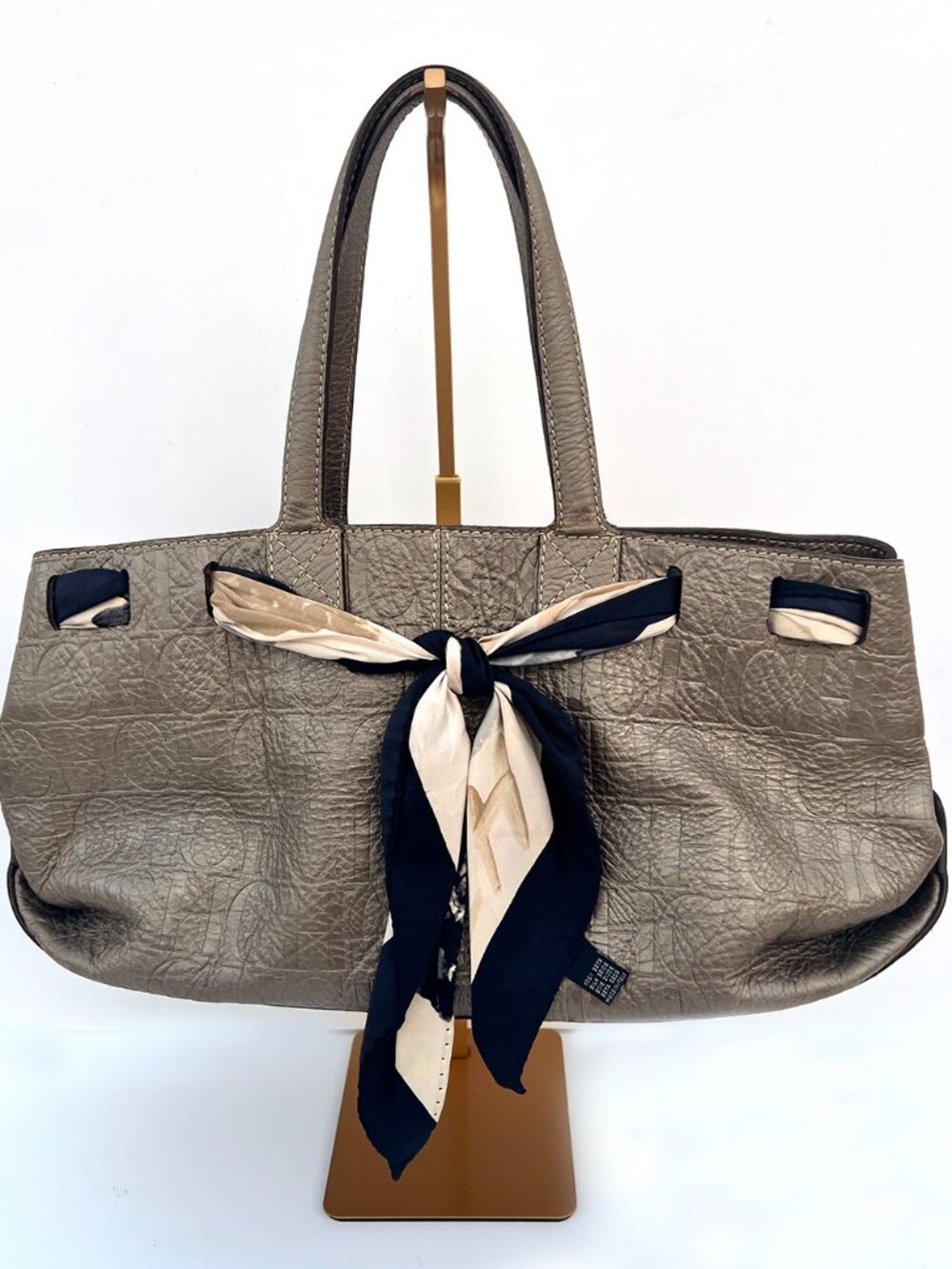 Carolina Herrera Metallic Leather Monogram Tote Bag Silk Scarf